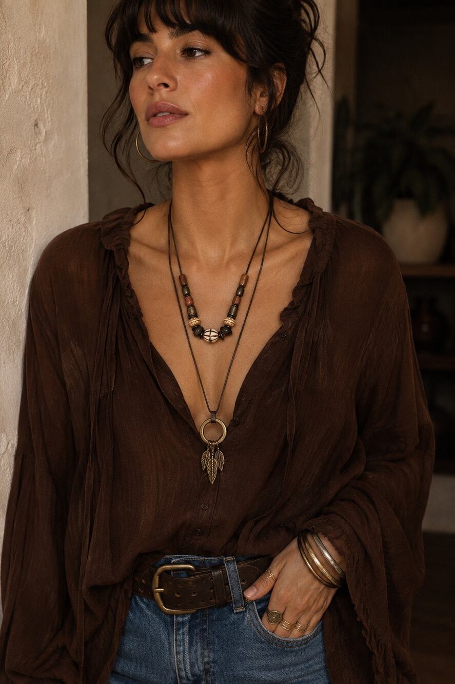 Boho Artisan Mixed Bead Statement Necklace Carved Earth Tone Tribal Style